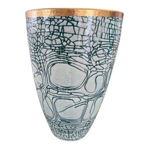 GIGLIO WHITE/GREEN CRAKLE GLAZE ITALIAN POTTERY CERAMIC VASE  - GOLD RIM
